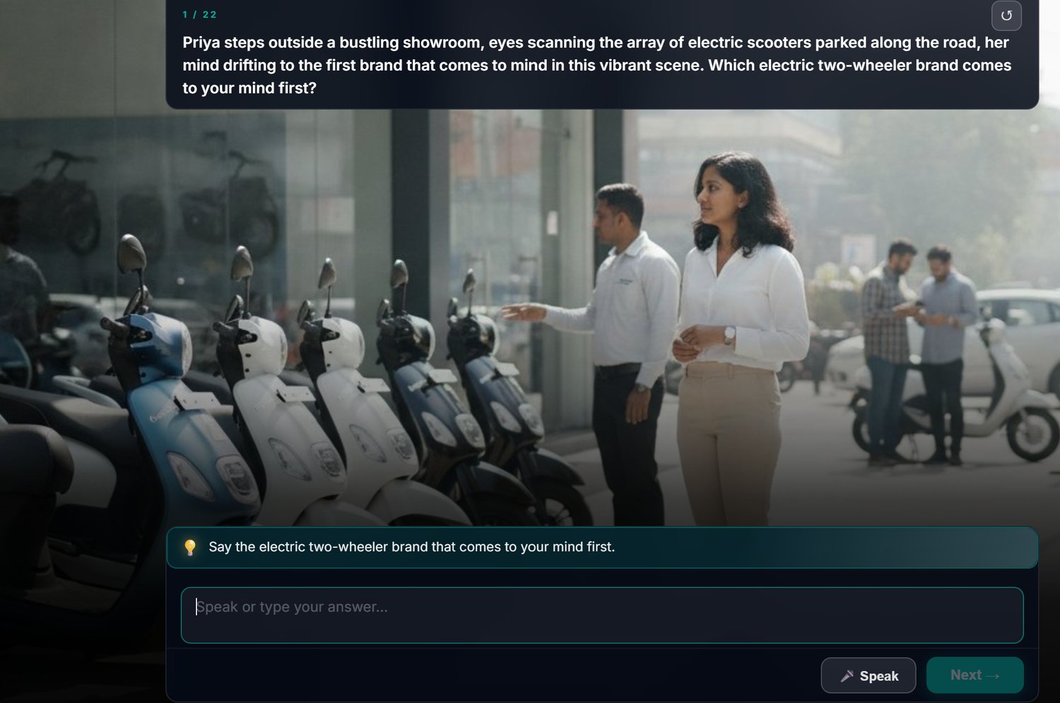 A live vDynamiq survey: outside a scooter showroom, a narrated question asks which electric two-wheeler brand comes to mind first, answered by voice or text.