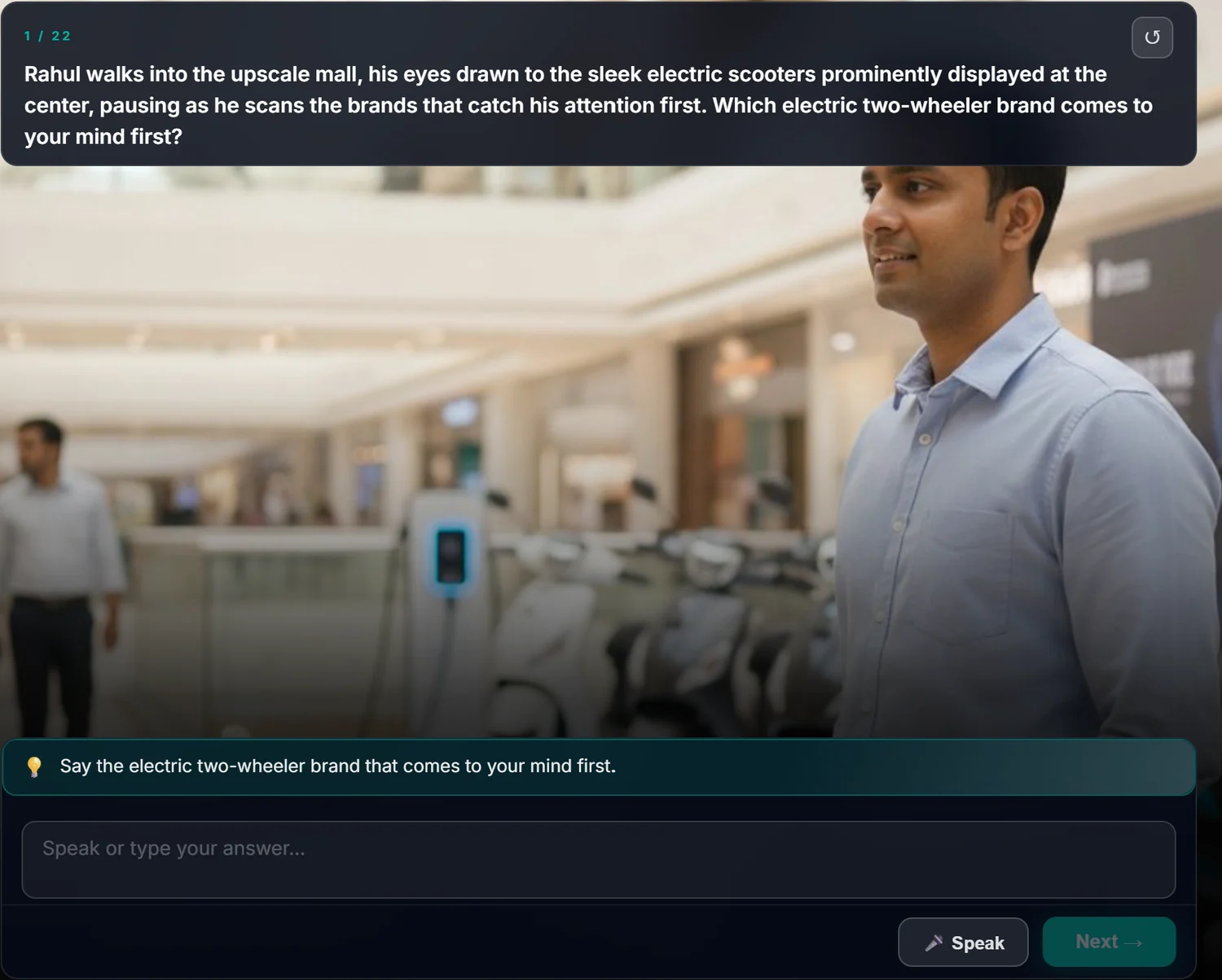 vDynamiq survey scene — an upscale mall showroom, brand-recall question with voice answer.